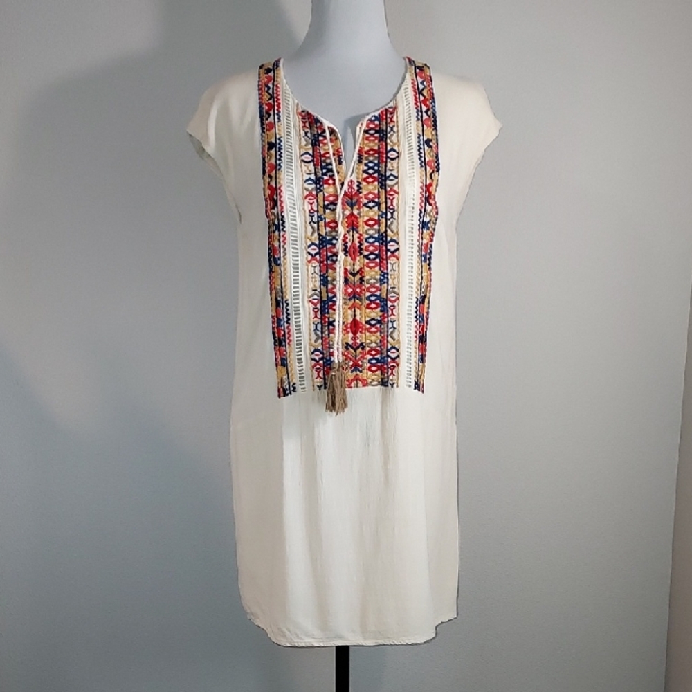 THML Cream Embroidered Linen Blend Shift Dress w/ Long Tassel Tie Size Small